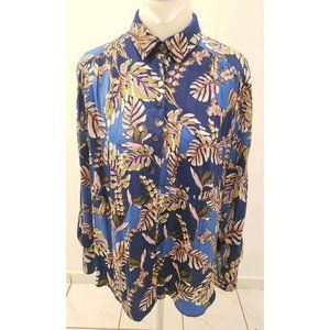 FREE PEOPLE Floral Print Blue Silky Shirt/ Tunic Top. Size Small oversized.
